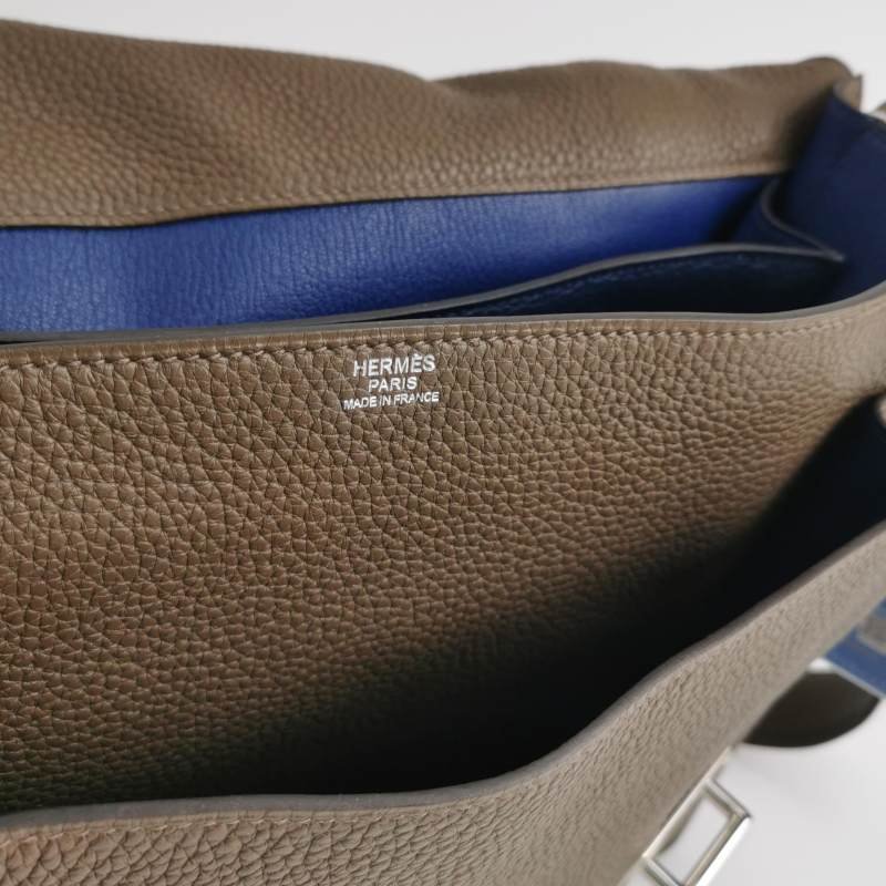 Hermes Steve35斜背包單肩包Togo牛皮銀扣18etoupe大象灰S4深藍框R刻-7