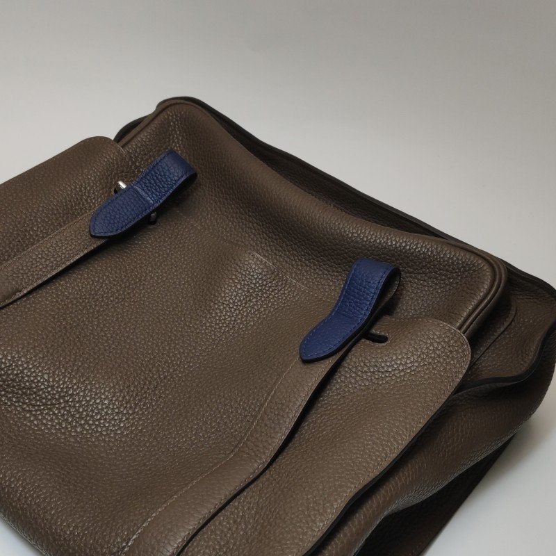 Hermes Steve35斜背包單肩包Togo牛皮銀扣18etoupe大象灰S4深藍框R刻-17