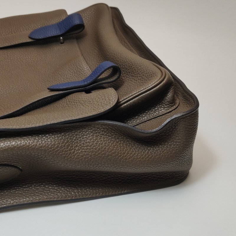 Hermes Steve35斜背包單肩包Togo牛皮銀扣18etoupe大象灰S4深藍框R刻-18