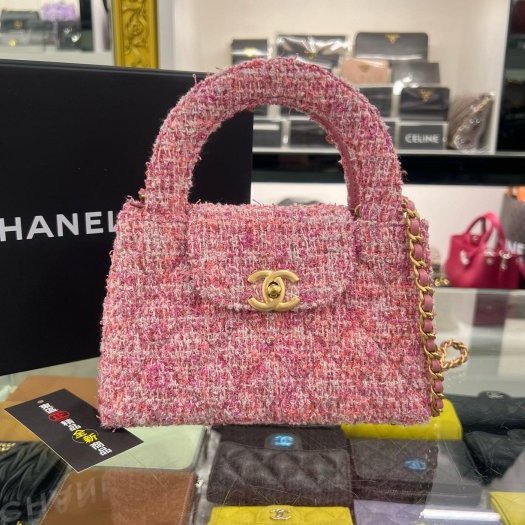 東區正精品㊣CHANEL 25A KELLY Bag 全新香奈兒粉色毛呢菱格紋金鍊手提包斜背包 RZ6373-0