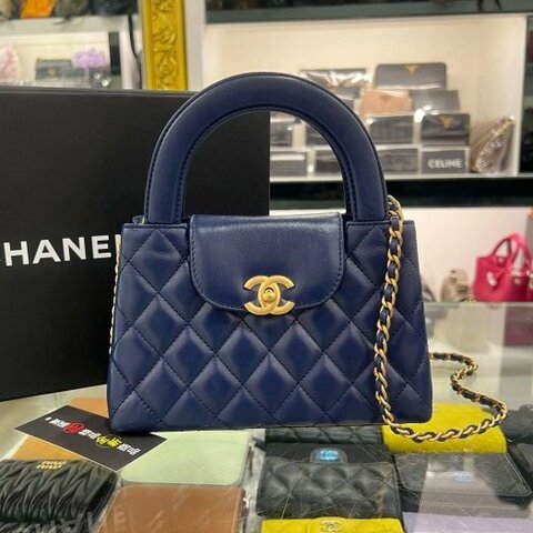 東區正精品㊣CHANEL AS4416 KELLY Bag 全新香奈兒海軍藍色羊皮菱格紋金鍊手提包斜背包 RZ6374