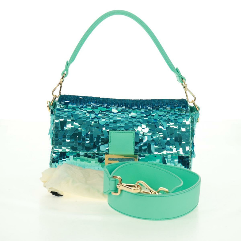 【日本直送】FENDI 亮片 Mamma Baguette 單肩包 藍色金色 正品 166166SM-11