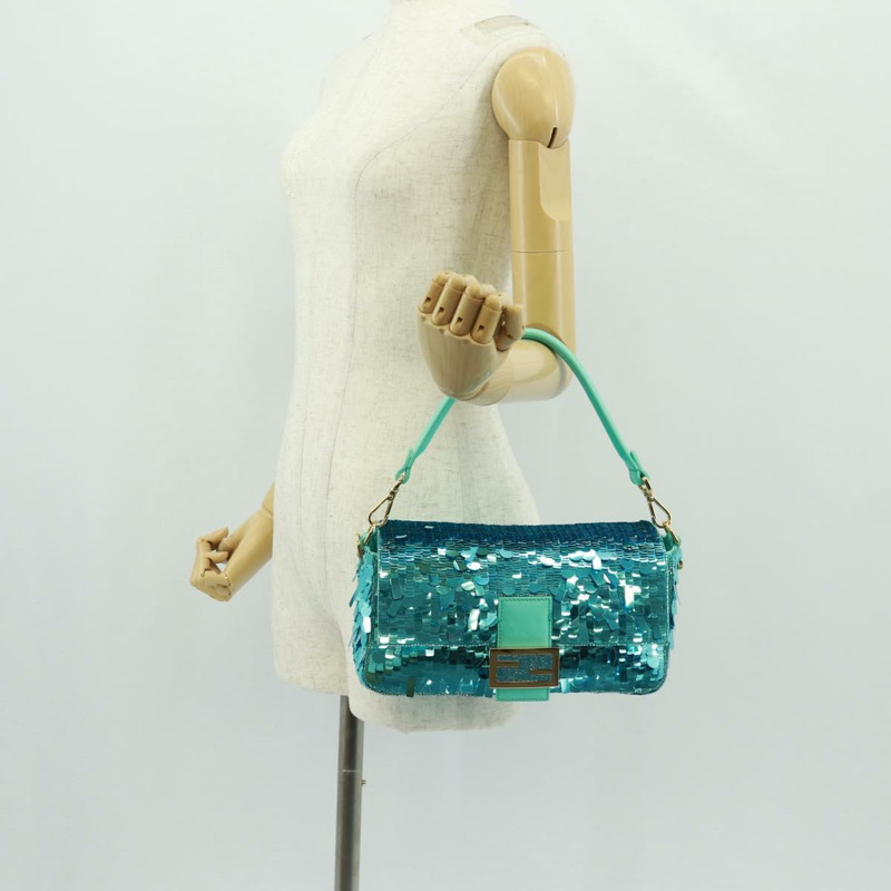 【日本直送】FENDI 亮片 Mamma Baguette 單肩包 藍色金色 正品 166166SM-27