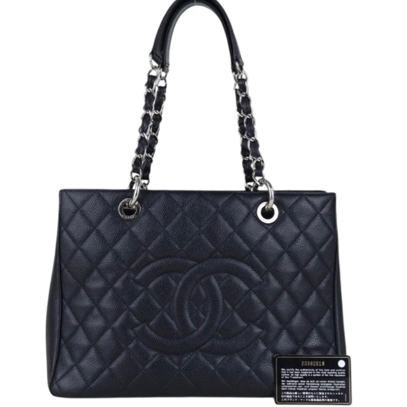 「JL精品代購」香奈兒黑銀荔枝牛皮GST托特包-2