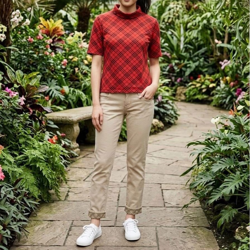 BURBERRY 倫敦 翻領紅格紋彈性上衣-1