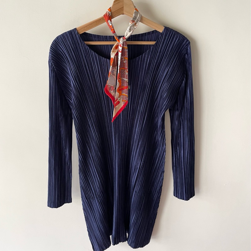 ▪️富貴選物FUGUEI▪️PP 三宅一生 深藍色 緞面光澤長袖短洋裝 連衣裙-4