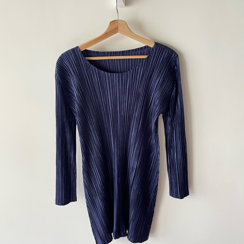 ▪️富貴選物FUGUEI▪️PP 三宅一生 深藍色 緞面光澤長袖短洋裝 連衣裙-5