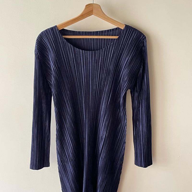 ▪️富貴選物FUGUEI▪️PP 三宅一生 深藍色 緞面光澤長袖短洋裝 連衣裙-6