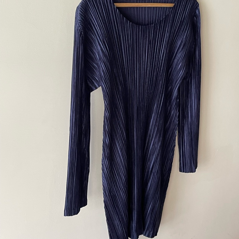 ▪️富貴選物FUGUEI▪️PP 三宅一生 深藍色 緞面光澤長袖短洋裝 連衣裙-8