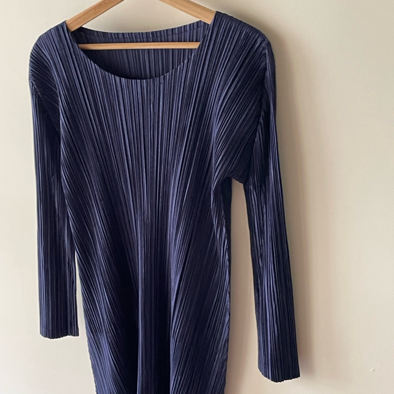 ▪️富貴選物FUGUEI▪️PP 三宅一生 深藍色 緞面光澤長袖短洋裝 連衣裙-9