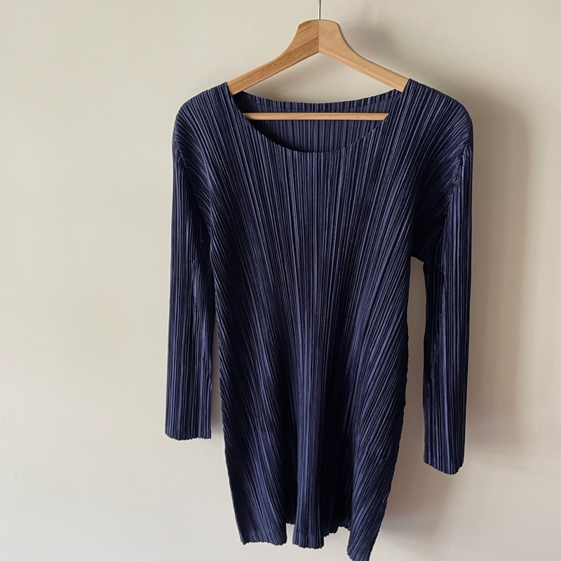 ▪️富貴選物FUGUEI▪️PP 三宅一生 深藍色 緞面光澤長袖短洋裝 連衣裙-12