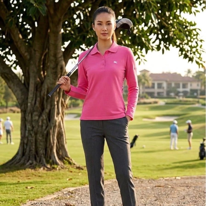 BURBERRY GOLF 粉色經典格紋滾邊POLO戰馬上衣-0