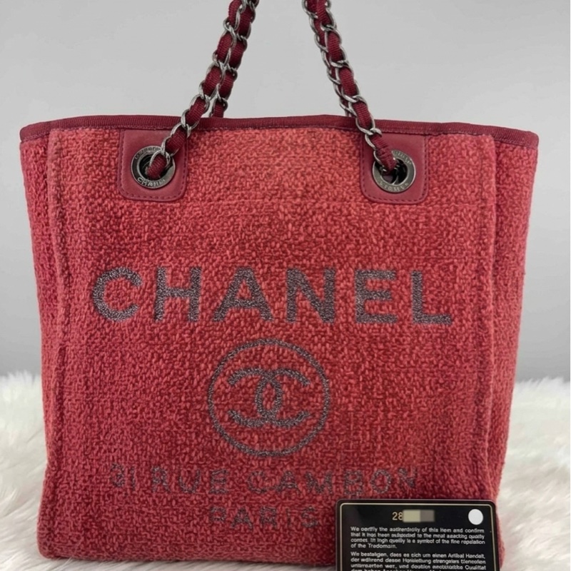 Chanel/香奈兒 灰色/櫻桃紅 銀扣帆布沙灘包小號托特包 尺寸:26*26,28開 超級甜甜價-1