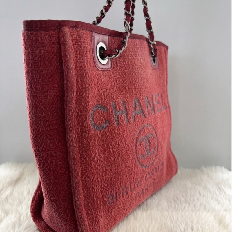 Chanel/香奈兒 灰色/櫻桃紅 銀扣帆布沙灘包小號托特包 尺寸:26*26,28開 超級甜甜價-2