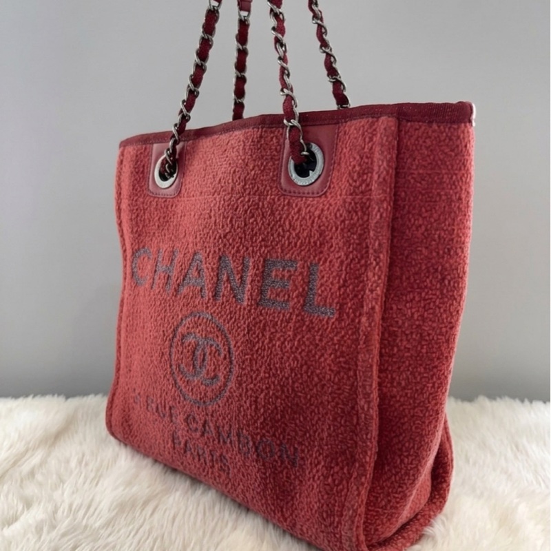 Chanel/香奈兒 灰色/櫻桃紅 銀扣帆布沙灘包小號托特包 尺寸:26*26,28開 超級甜甜價-3