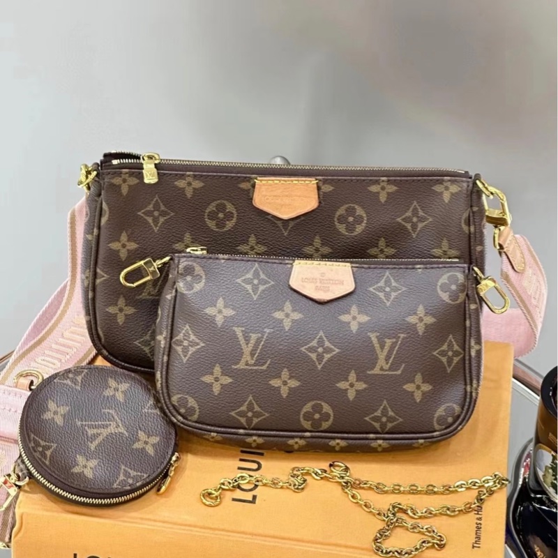 「JL精品代購」98新 LV 老花 五合一 粉背帶-0