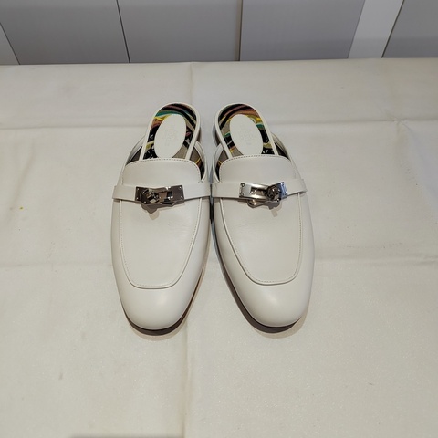 Hermes/愛馬仕 Oz kelly白色拖鞋 穆勒鞋 半拖 銀扣