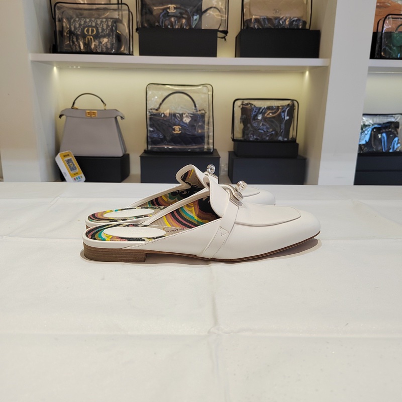 Hermes/愛馬仕 Oz kelly白色拖鞋 穆勒鞋 半拖 銀扣-2