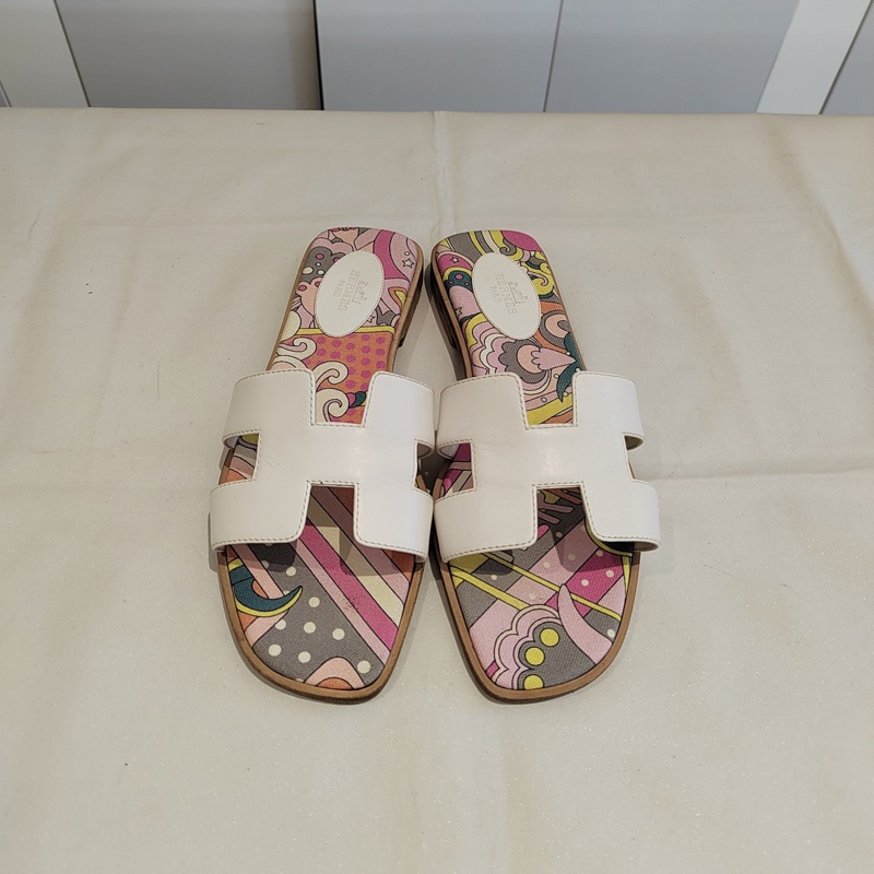 Hermes愛馬仕Oran涼鞋經典H拖 拼色平底涼拖鞋白色印花 （已貼底-0
