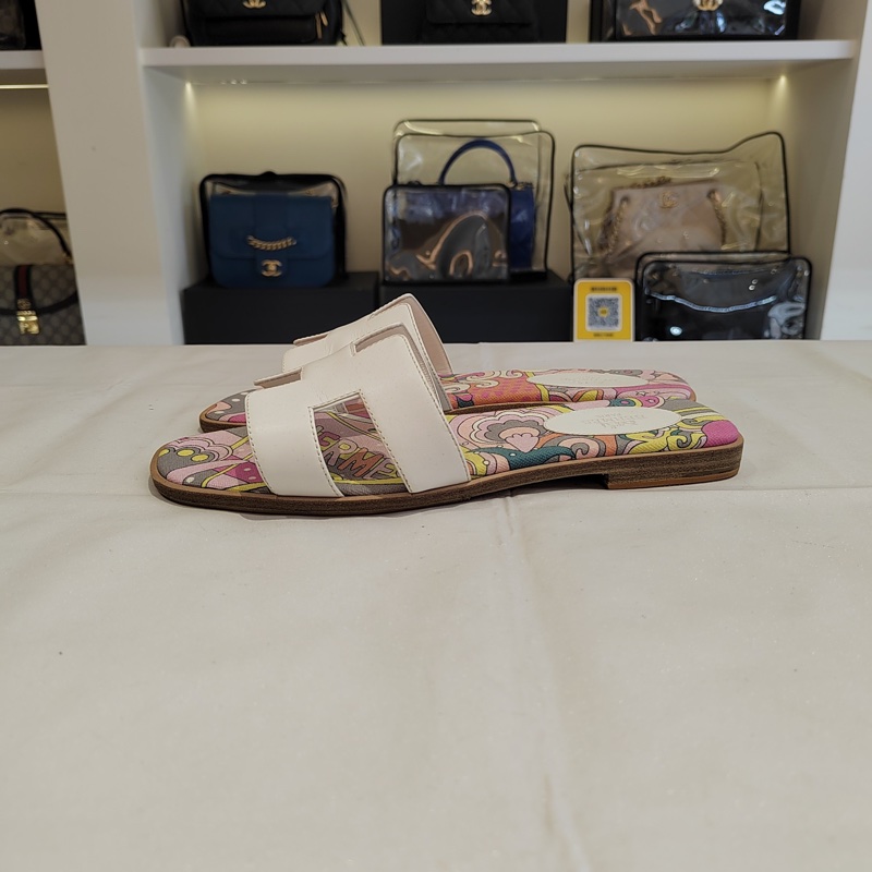 Hermes愛馬仕Oran涼鞋經典H拖 拼色平底涼拖鞋白色印花 （已貼底-1
