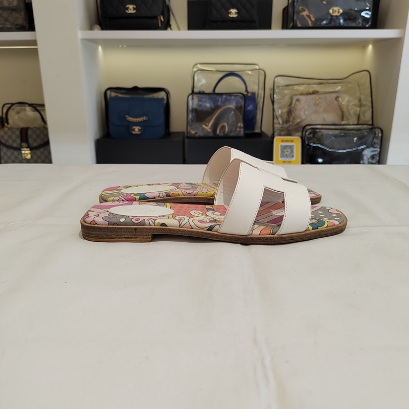 Hermes愛馬仕Oran涼鞋經典H拖 拼色平底涼拖鞋白色印花 （已貼底-2