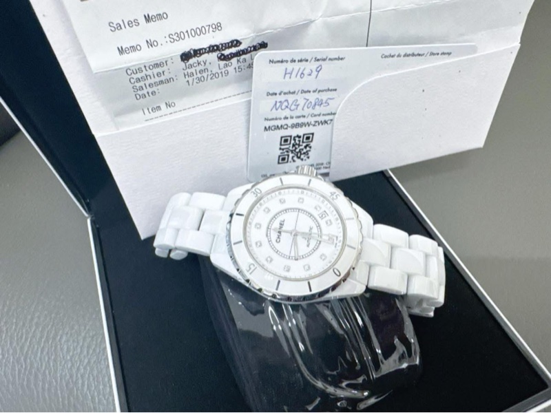 小巴黎二手名牌真品Chanel 38mm 白陶瓷 J12機械 12點鑽 2019保卡-4