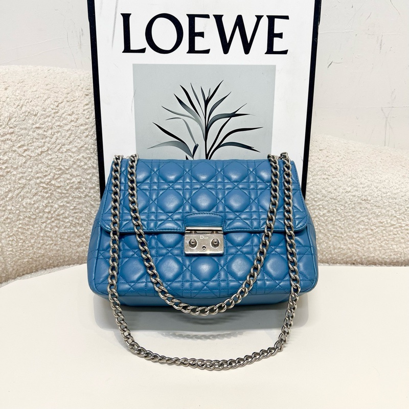 迪奧/Dior 藍色經典款復古鎖扣翻蓋菱格鏈條包-0