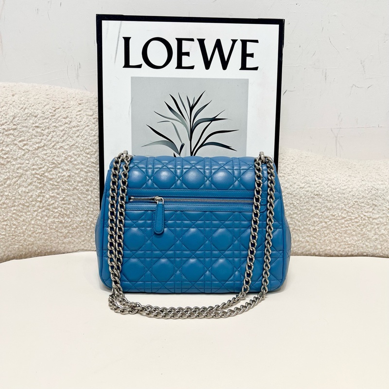 迪奧/Dior 藍色經典款復古鎖扣翻蓋菱格鏈條包-1