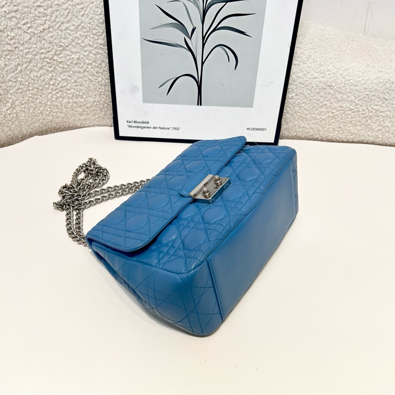 迪奧/Dior 藍色經典款復古鎖扣翻蓋菱格鏈條包-2