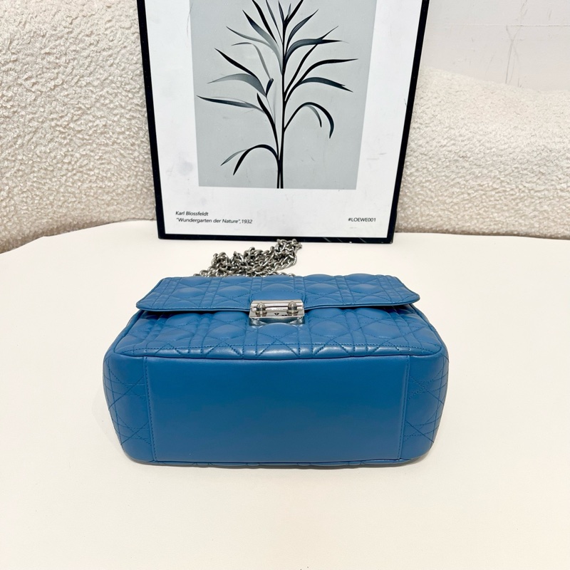 迪奧/Dior 藍色經典款復古鎖扣翻蓋菱格鏈條包-3