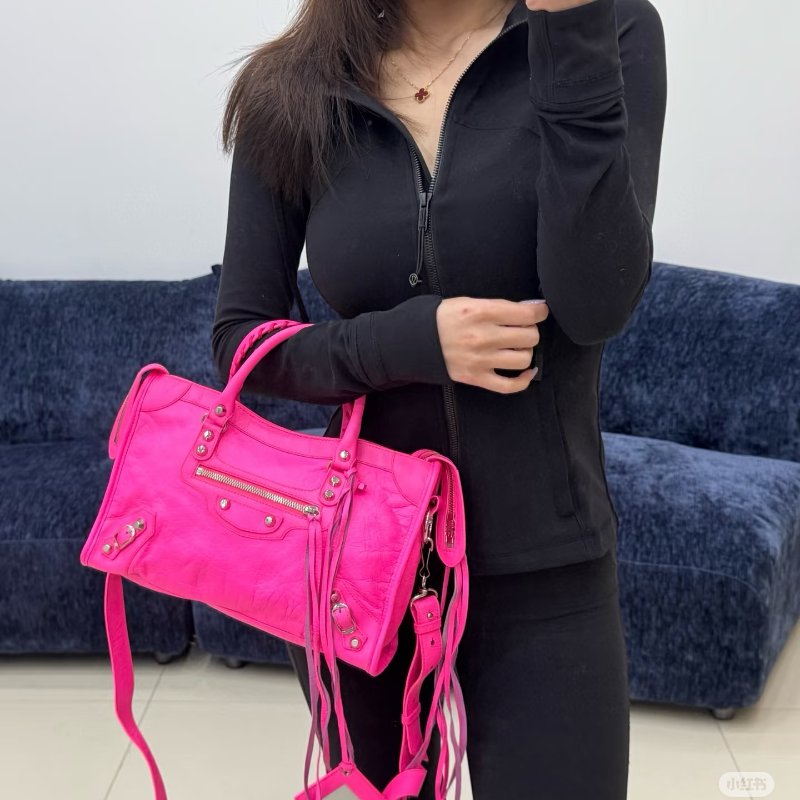 BALENCIAGA 粉銀大號 手提肩背機車包 38*25*14 98新配件鏡子-0