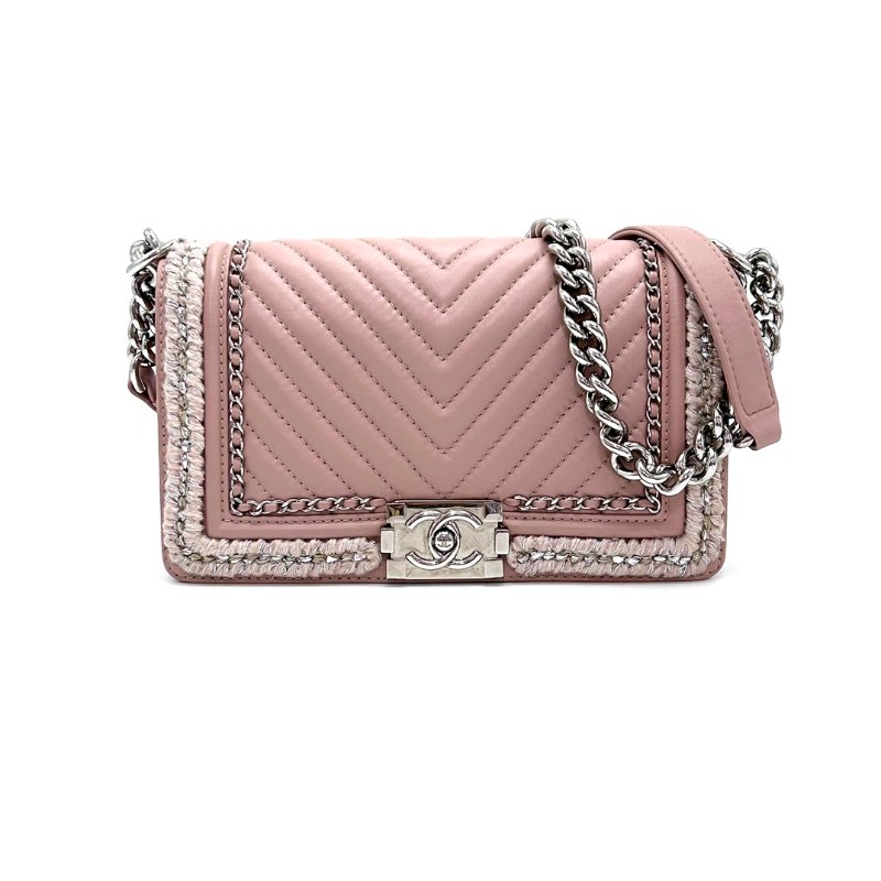 CHANEL 限量款leboy中號 粉銀V紋毛呢滾邊肩背斜背包25*14.5*7 98新配件塵袋-1