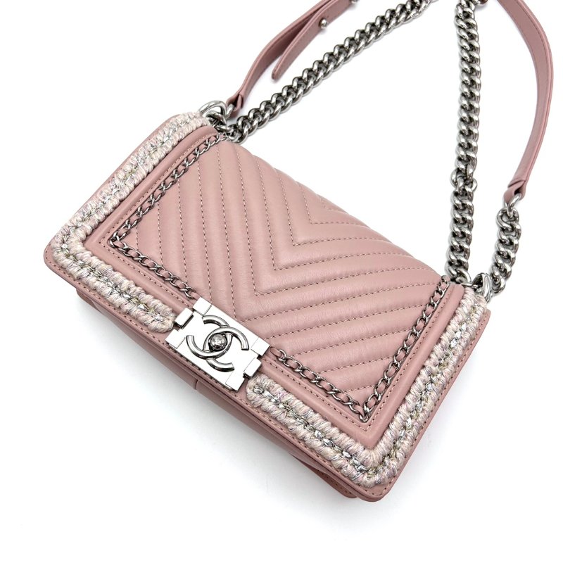 CHANEL 限量款leboy中號 粉銀V紋毛呢滾邊肩背斜背包25*14.5*7 98新配件塵袋-2