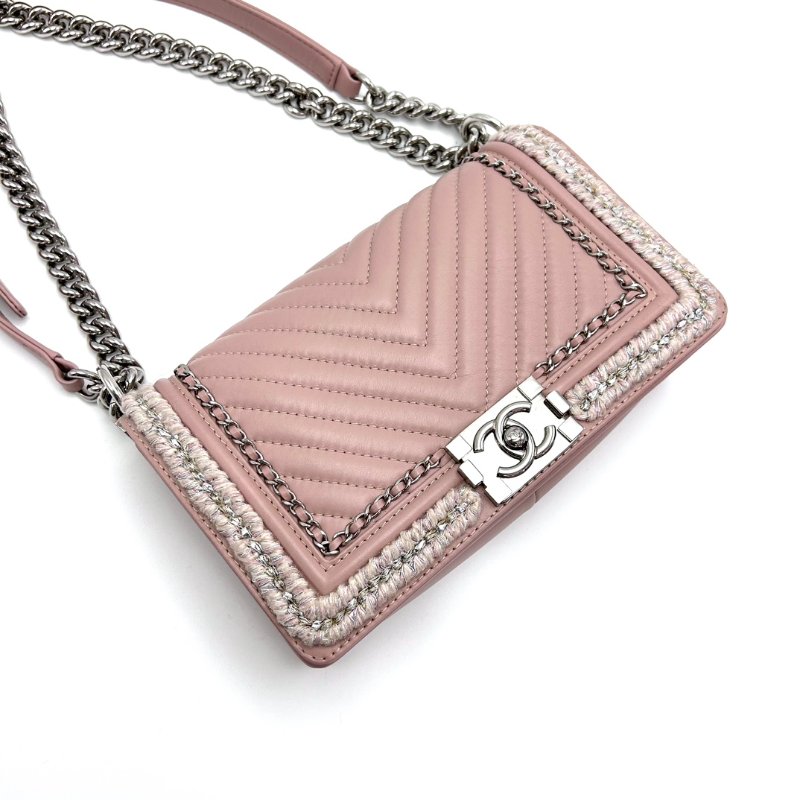 CHANEL 限量款leboy中號 粉銀V紋毛呢滾邊肩背斜背包25*14.5*7 98新配件塵袋-3