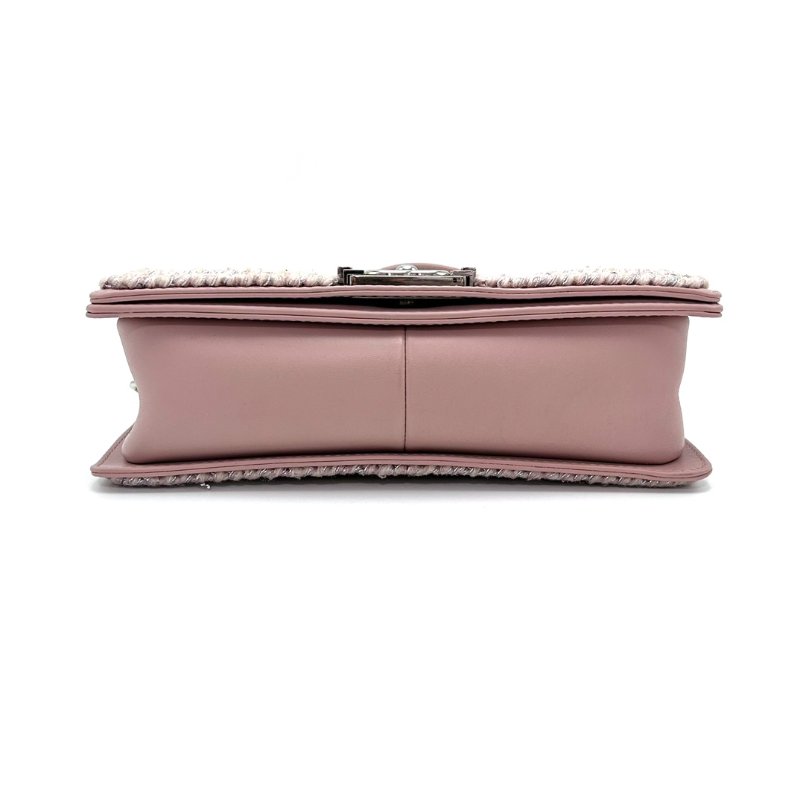 CHANEL 限量款leboy中號 粉銀V紋毛呢滾邊肩背斜背包25*14.5*7 98新配件塵袋-4