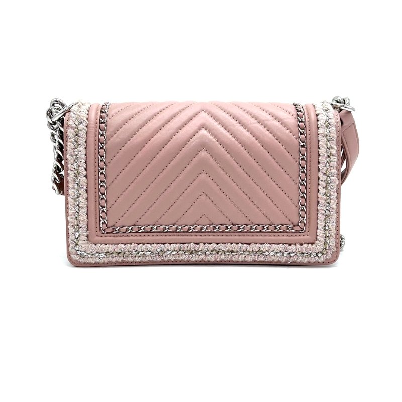 CHANEL 限量款leboy中號 粉銀V紋毛呢滾邊肩背斜背包25*14.5*7 98新配件塵袋-5