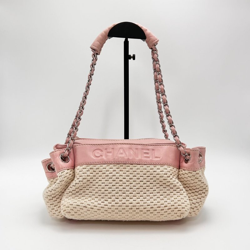 CHANEL 中古粉銀編織拼皮 手提腋下包 25*14*17 98新配件塵袋-1