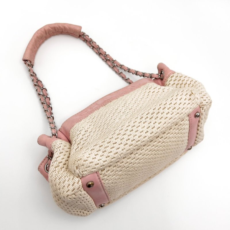 CHANEL 中古粉銀編織拼皮 手提腋下包 25*14*17 98新配件塵袋-2