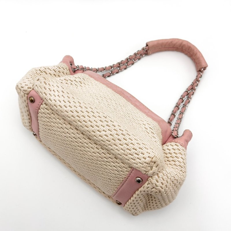 CHANEL 中古粉銀編織拼皮 手提腋下包 25*14*17 98新配件塵袋-3