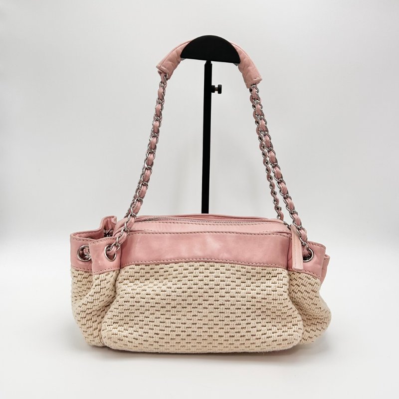 CHANEL 中古粉銀編織拼皮 手提腋下包 25*14*17 98新配件塵袋-4