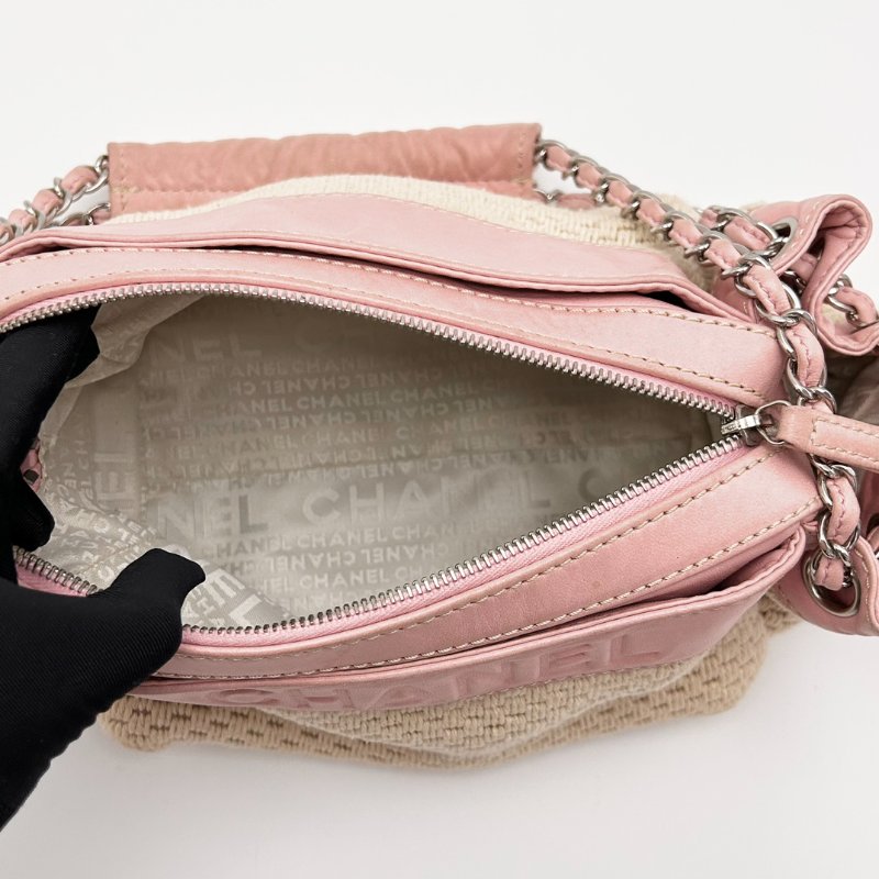 CHANEL 中古粉銀編織拼皮 手提腋下包 25*14*17 98新配件塵袋-5