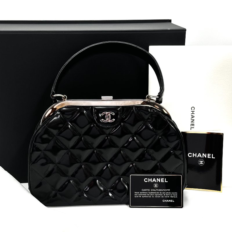 CHANEL 中古黑銀漆皮Vintage 手提蛙口包 24.5*17*5 98新配件盒子塵袋保卡-1