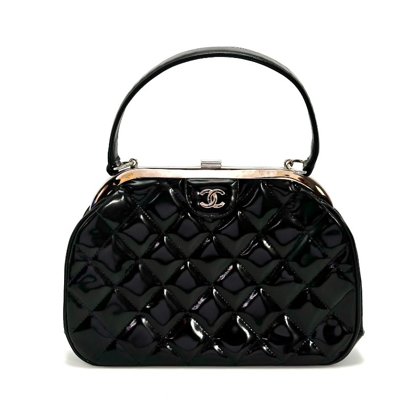 CHANEL 中古黑銀漆皮Vintage 手提蛙口包 24.5*17*5 98新配件盒子塵袋保卡-2