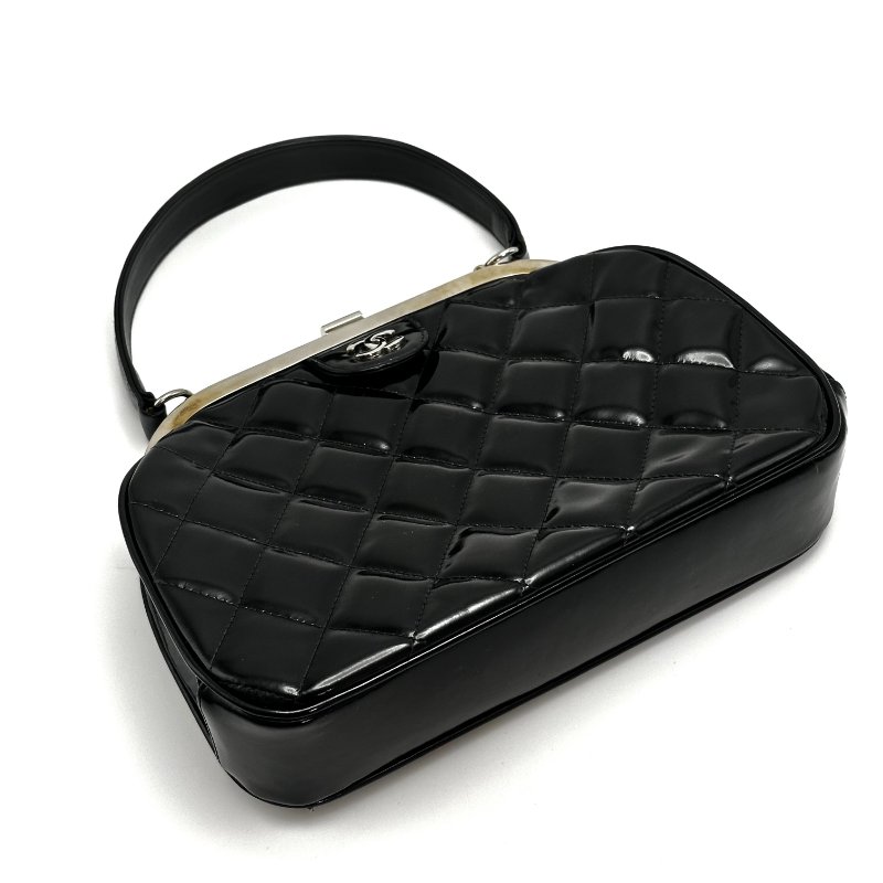 CHANEL 中古黑銀漆皮Vintage 手提蛙口包 24.5*17*5 98新配件盒子塵袋保卡-3