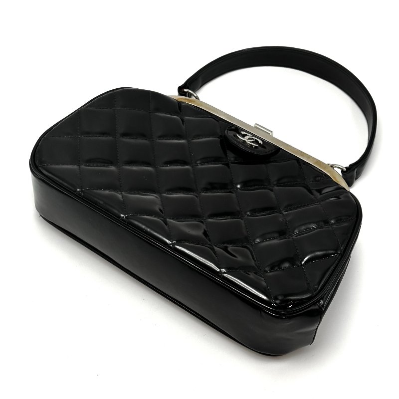 CHANEL 中古黑銀漆皮Vintage 手提蛙口包 24.5*17*5 98新配件盒子塵袋保卡-4