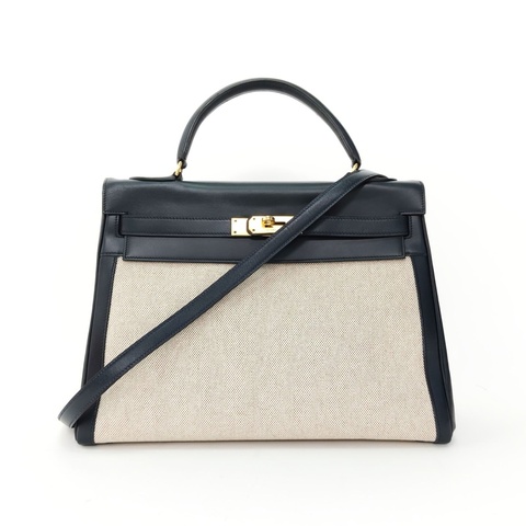 HERMES Kelly32印度藍Box皮/帆布圈K金扣