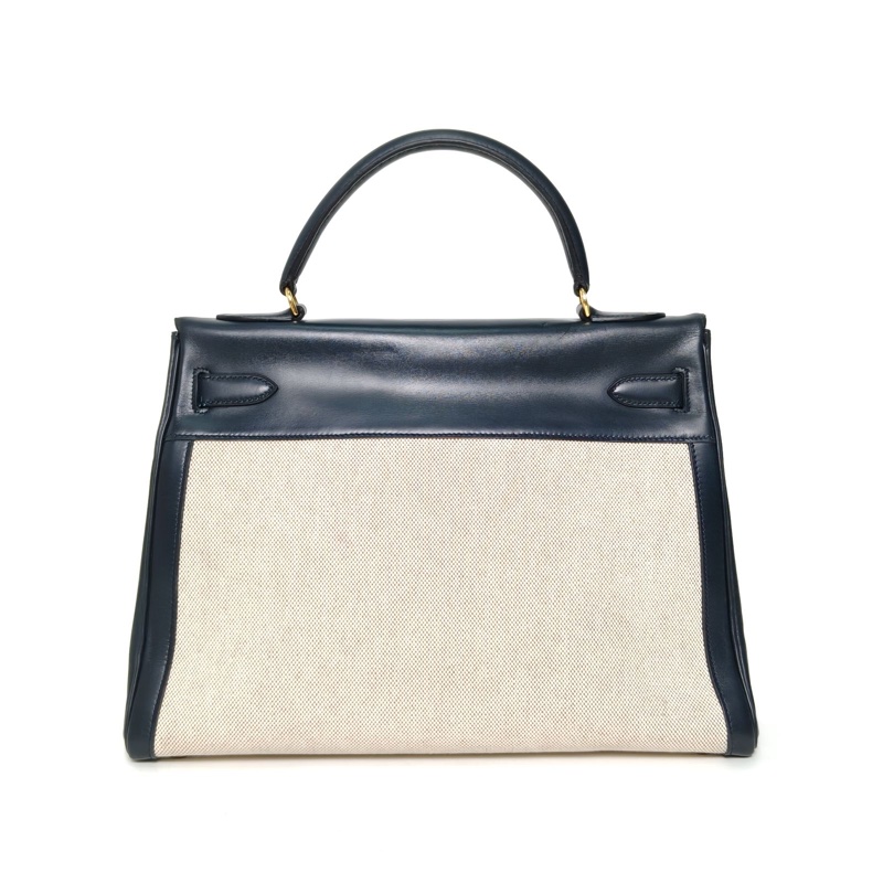 HERMES Kelly32印度藍Box皮/帆布圈K金扣-2