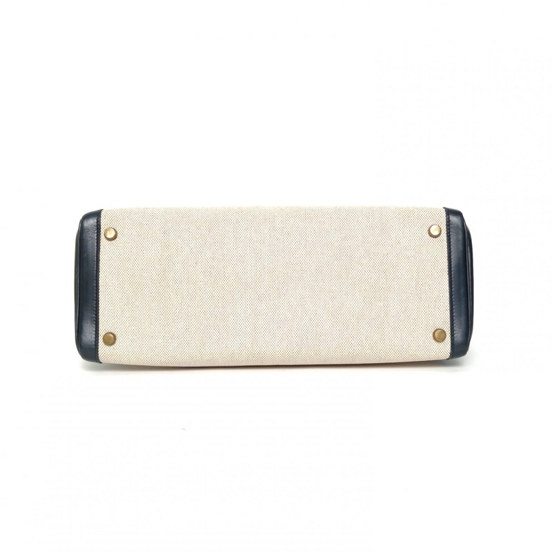 HERMES Kelly32印度藍Box皮/帆布圈K金扣-3