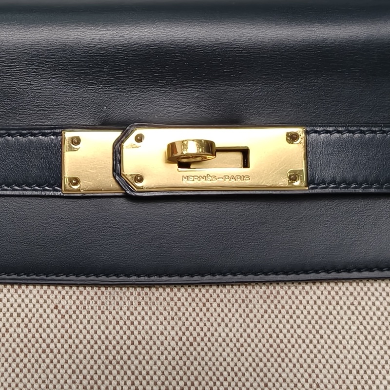 HERMES Kelly32印度藍Box皮/帆布圈K金扣-4