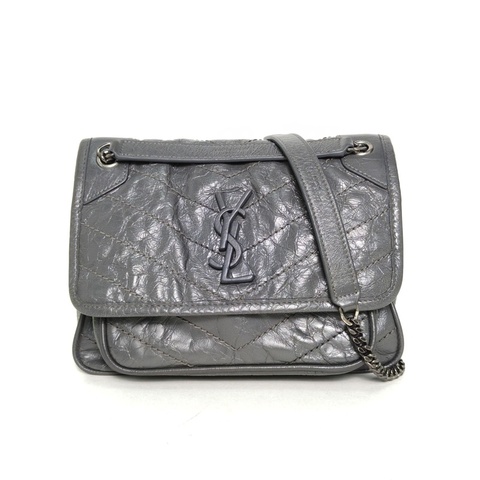 SAINT LAURENT NikiMini21灰色牛皮銀扣